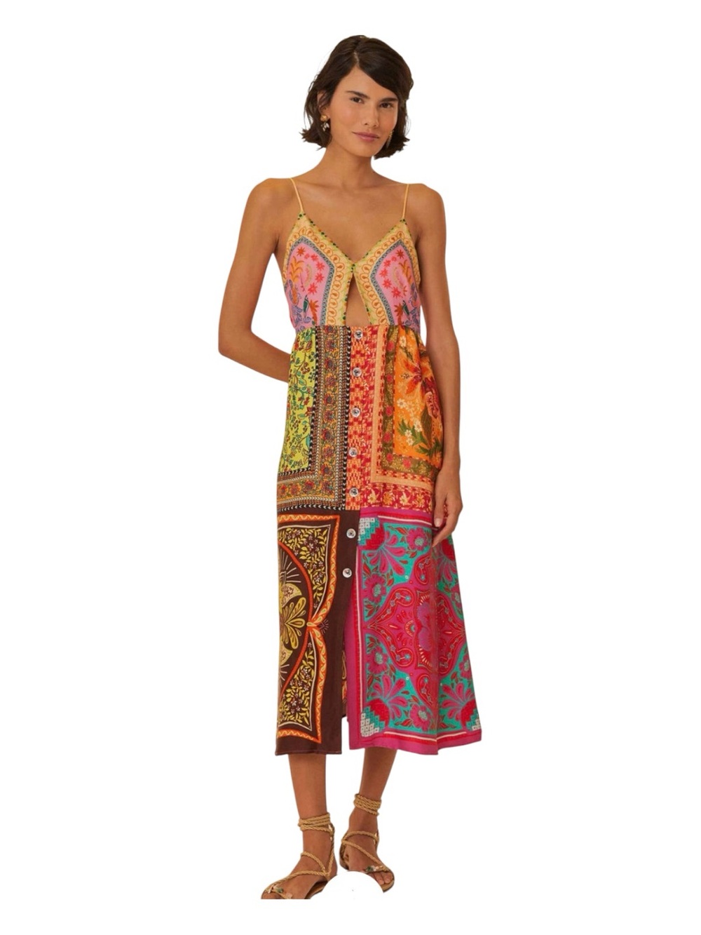 FARM RIO Mixed Scarves Multicolor Midi Dress
